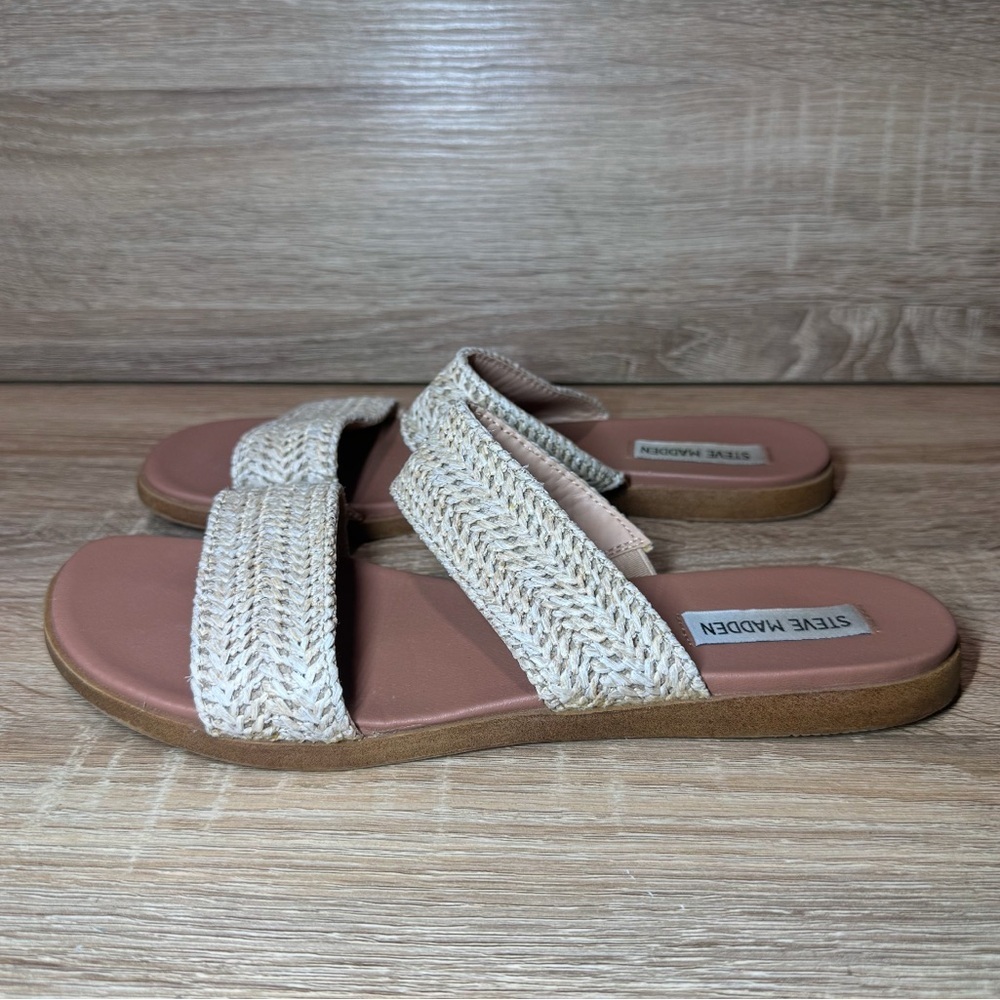 Steve Madden Beige Woven Dual Strap Slides Sandals Tan Size 8.5 Slip On Shoes - Picture 4 of 10